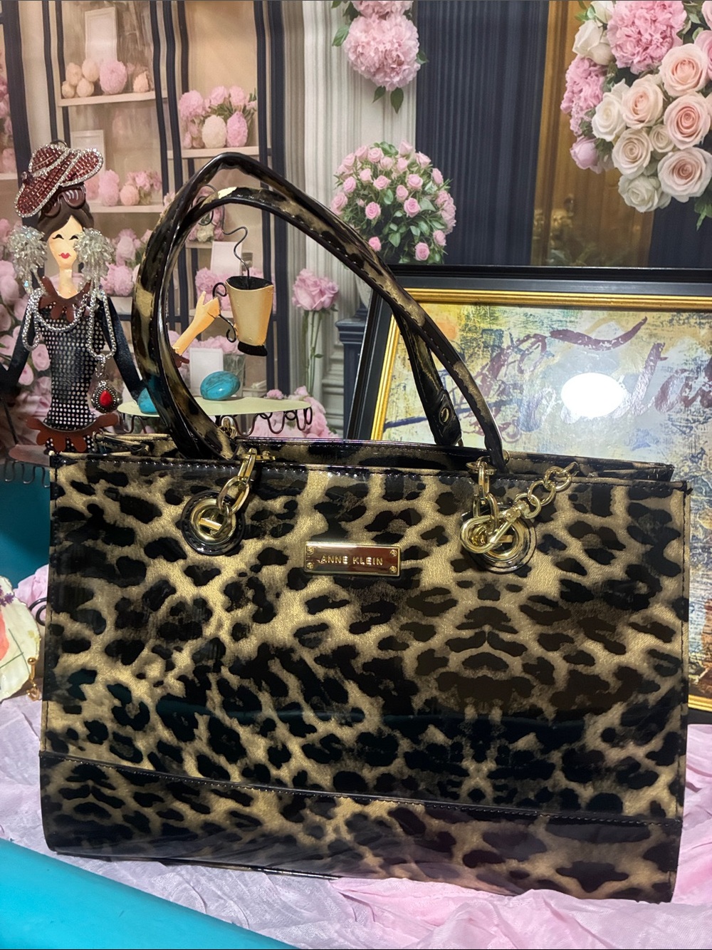 Anne Klein Leopard-Print Patent Tote in Brown and Black